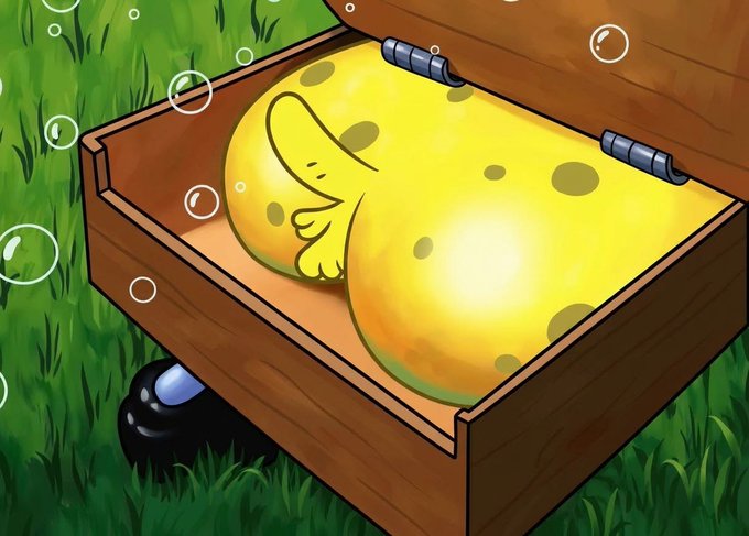 An illustration of a yellow, spotted creature with a tentacle-like nose sleeping inside a wooden treasure chest on the grass.