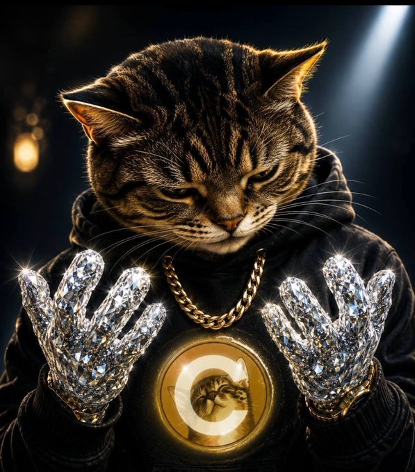 A tabby cat wearing a black hoodie and diamond-covered gloves displays a gold "C" token with a cat emblem, fitting the post's playful $Cate crypto hype with its "MUCH MEOW" braggadocio.