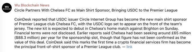 A Wu Blockchain News article announces that Circle Internet Group, the USDC issuer, has become Chelsea FC's main shirt sponsor, with the USDC logo appearing on the team's jersey starting Sunday's match against Brighton, with a reported sponsorship deal worth £65 million ($88.3 million) per year. The accompanying post sarcastically critiques Circle for spending $88 million on a Premier League sponsorship rather than paying yield to USDC holders.