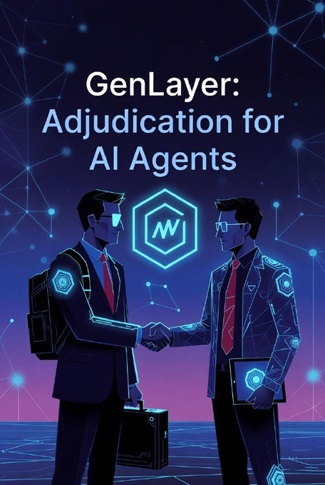 A digital illustration featuring two suited men in sunglasses shaking hands, with text reading 'GenLayer: Adjudication for AI Agents' and a hexagonal logo with 'N1'.