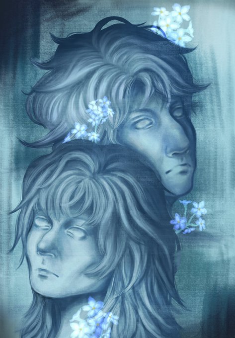An artistic illustration depicts two stone-like busts with closed eyes and flowing hair, adorned with small blue forget-me-not flowers against a moody teal background.