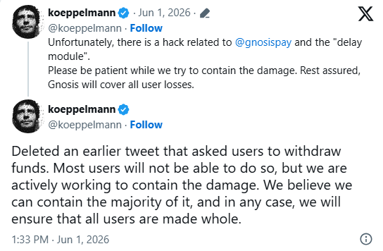 The image shows two Twitter posts about Gnosis Pay's delay module, which was used by someone to hack Gnosis Pay users' wallets. The first post is from a user named @koepelmann who wrote an email explaining that the delay feature was used for malicious purposes and asking users to delete their tweets. The second post is from another user named @koerpmann who wrote about how Gnosis Pay's delay module works, stating that it queues outgoing transactions and forces a wait before they execute.
