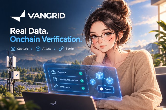 The promotional graphic features a thoughtful young woman wearing glasses alongside the VANGRID logo and the tagline "Real Data. Onchain Verification." with a workflow showing "Capture > Attest > Settle" steps, visually reinforcing the post's message about Vangrid Explorer's transparent DePIN dashboard that records every action onchain via Base for independent verification.
