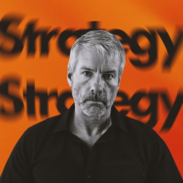 A black-and-white portrait of a gray-bearded man in a dark shirt appears against a vibrant orange background featuring the word "Strategy" repeated in bold lettering. The image relates to the post by visually tying the man—likely Michael Saylor, executive chairman of Strategy $MSTR—to the company's branding behind him as the firm hit a two-month high above $120.