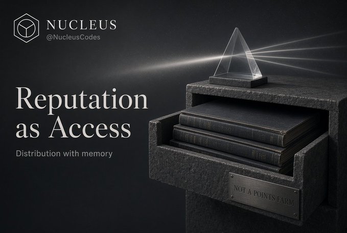 Promotional graphic from NUCLEUS (@NucleusCodes) titled 'Reputation as Access: Distribution with memory', featuring a stone pedestal holding a pyramid and books with a plaque reading 'NOT A POINTS FARM'.