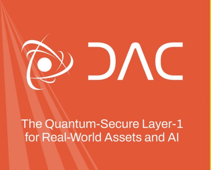 A red banner displaying the "QAC" logo with an atom-like symbol and the tagline "The Quantum-Secure Layer-1 for Real-World Assets and AI."