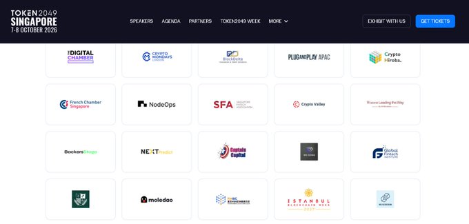 The image shows the Token2049 Singapore 2026 website (dated 7-8 October 2026) displaying a partners page with various sponsor logos including Digital Chamber, Crypto Nomads, BlockDelta, PlugandPlay APAC, Crypto Hibaoba, French Chamber Singapore, NodeOps, SFA, Crypto Valley, Bitcoin Mining Facility, Bockchain (Bockchain Singapore), NFTNXT, Crypto Capital, Global Privacy Assembly, Moledao, Web3 Wisehub, Istanbul Blockchain Week, and BD GemX in the bottom-left corner. This visually represents BD GemX's role as an official Community Partner of TOKEN2049 Singapore 2026, aligning with the post's announcement of their partnership at the event taking place at Marina Bay Sands.