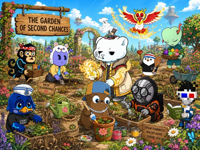 An illustration titled 'The Garden of Second Chances' showing various NFT characters including a bear, monkey, penguin, and others gardening in a colorful flower garden.