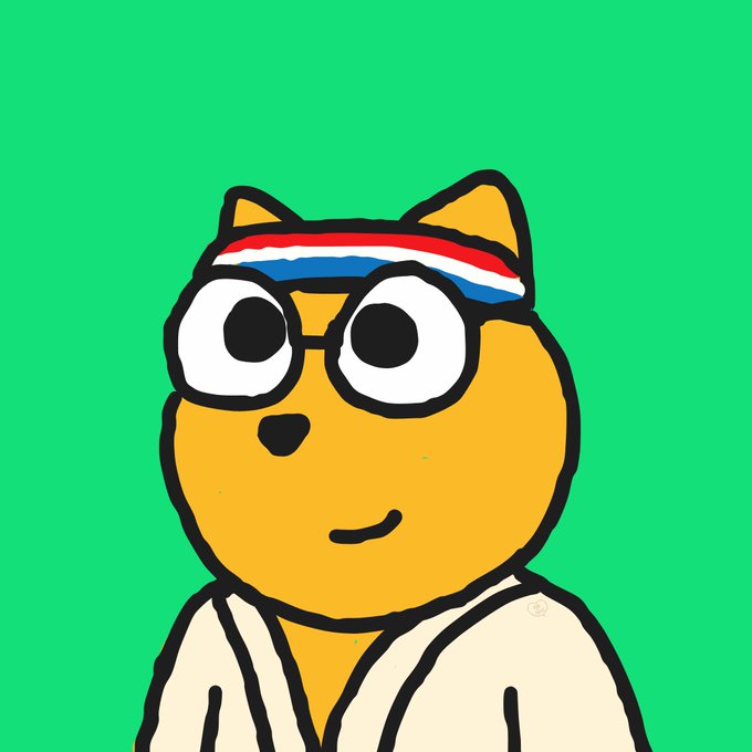 A cartoon illustration of an orange cat wearing glasses, a red-white-blue headband, and a cream-colored robe, set against a bright green background.