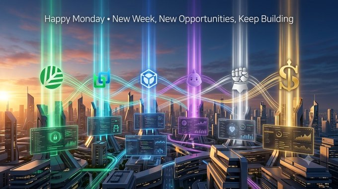 A futuristic cityscape with glowing digital icons and the text 'Happy Monday • New Week, New Opportunities, Keep Building'.