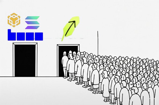 Satirical illustration showing a massive crowd of people queuing at the entrance of a Binance facility, with the Binance logo displayed above the door.