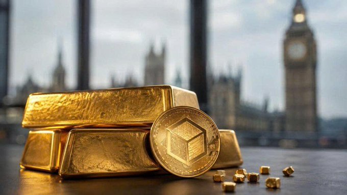 A photograph of stacked gold bars with a physical cryptocurrency coin (resembling Cronos/CRO) placed in front, with the Houses of Parliament and Big Ben visible in the blurred background.