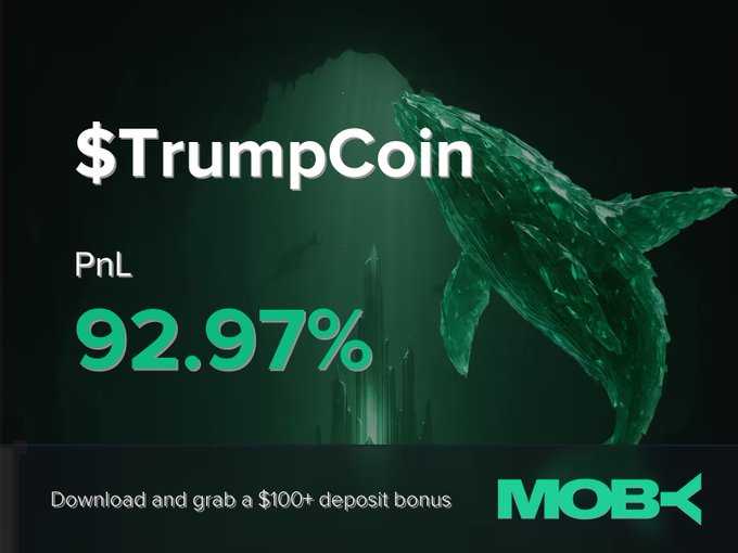 A dark green promotional graphic featuring a whale tail silhouette and underwater imagery displays "$TrumpCoin" alongside a "PnL 92.97%" win notification, with a bottom banner reading "Download and grab a $100+ deposit bonus" next to the MOBY logo, visually celebrating the profitable trade highlighted in the post.