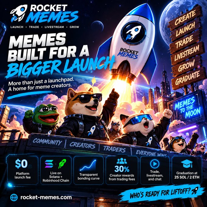 A vibrant promotional graphic for **Rocket Memes** (rocket-memes.com) features a space-themed illustration with a rocket, planets, and astronaut-suited cartoon characters including Doge and Pepe, alongside a wooden signboard listing steps: "Create, Launch, Trade, Livestream, Grow, Graduate." The bottom highlights key features like "$0 Platform launch fee," "Live on Solana + Robinhood Chain," a "Transparent bonding curve," "30% Creator rewards from trading fees," and "Graduation at 25 SOL / 2 ETH," reinforcing the post's message that Rocket Memes is a comprehensive platform for meme creators beyond just token launching.