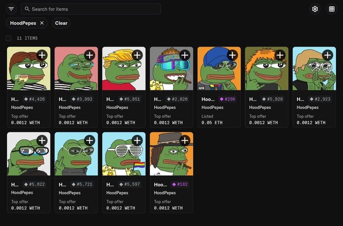 An NFT marketplace interface displaying a grid of 11 'HoodPepes' cartoon frog characters with various accessories, showing prices in ETH/WETH with top offers and listed prices.