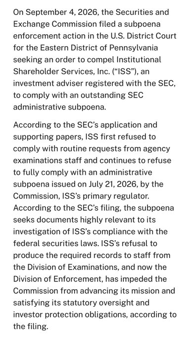 A text article reporting that on September 4, 2026, the SEC filed a subpoena enforcement action against Institutional Shareholder Services, Inc. (ISS) in the U.S. District Court for the Eastern District of Pennsylvania.