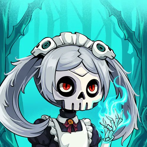 An anime-style illustration of a gothic lolita character with a skull face, white hair, and red eyes, holding a glowing blue flame in a dark forest setting.