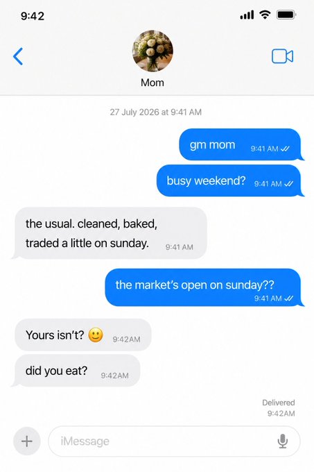 A text message conversation with "Mom" shows her revealing she "cleaned, baked, traded a little on Sunday," prompting the reply "the market's open on sunday??" — humorously illustrating that even a parent is trading on weekends via tokenized 24/7 markets like Mantle.