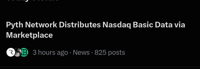 A dark-themed news headline reading "Pyth Network Distributes Nasdaq Basic Data via Marketplace," posted 3 hours ago with 825 posts on the image.