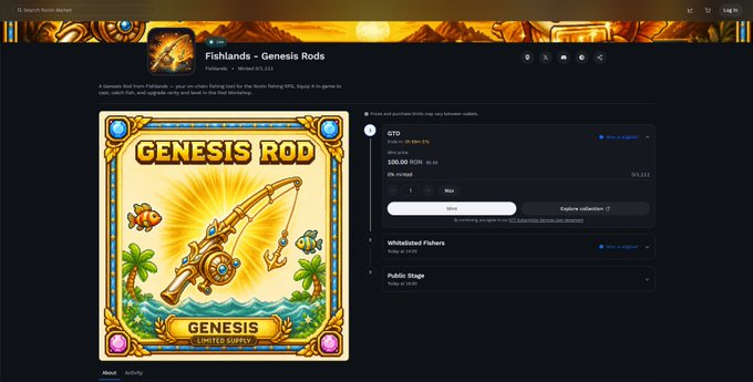 A screenshot of an NFT marketplace listing for 'Fishlands - Genesis Rods' on a Magic Eden-like platform, displaying a limited supply pixel-art fishing rod NFT priced at 100 FIDU ($5.00).