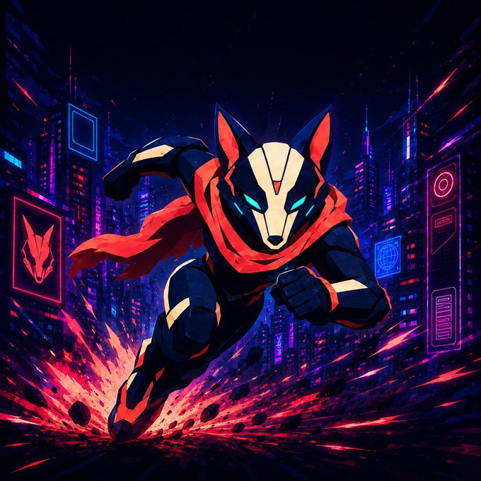 The image features a character with blue eyes, dressed as a superhero or a robot, running through a cityscape at night. The character has a red scarf wrapped around their neck and is wearing a mask that covers most of their face. There are neon signs in the background, adding to the futuristic atmosphere of the scene. The caption on the image reads "IS STARTED!! CA: HgMw8wKRwLBLr86RvU3pryVhwey4dbnk7HU5Lj8Bpump #PUMP #SOLANA #DEXSCREENER #MEME".