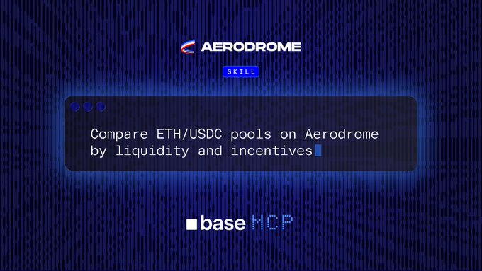 The image shows a computer screen with a blue background featuring white text that reads "Compare ETH/USDC pools on Aerodrome by liquidity and incentives". The text also includes an image of a pool, which further emphasizes the comparison being made in the post.