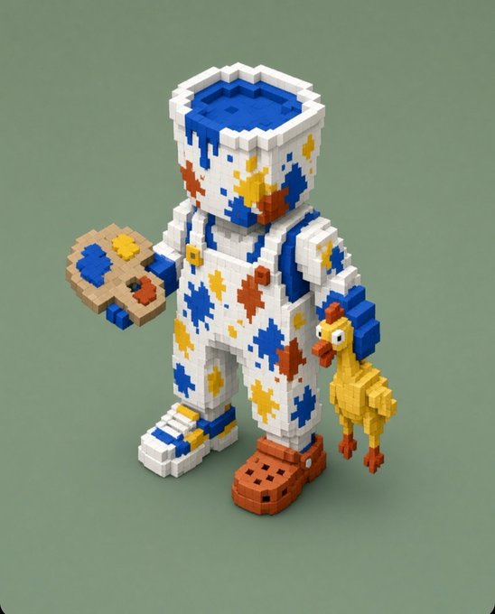 A 3D voxel-style figure resembling a paint-splattered astronaut or chef, holding a paint palette in one hand and a yellow chicken figure in the other, standing on a green background.