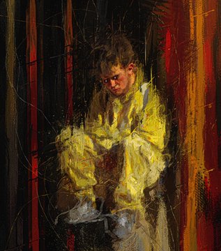 An expressionist oil painting of a figure in yellow clothing, seated and hunched forward with downcast eyes, rendered with loose, gestural brushstrokes against a dark, warm-toned background.