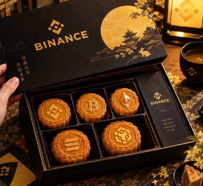 A Binance-branded Mid-Autumn Festival mooncake gift box featuring a golden moon and pagoda design, containing mooncakes stamped with crypto logos (BNB, BTC, ETH, SOL, BNB), with a matching black card reading "TOGETHER WE BUILD A BRIGHTER FUTURE".