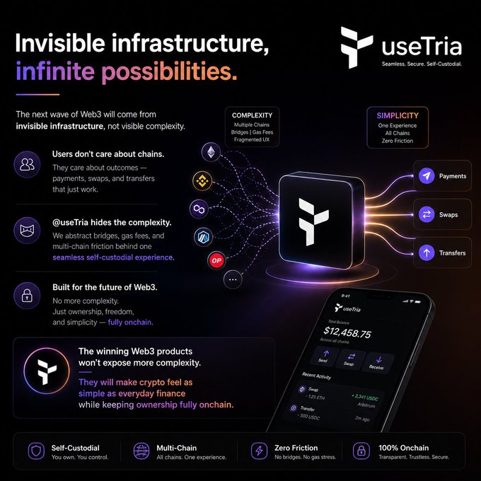 xtra's "useTria" app features a black cube with the Y token logo, accompanied by purple and orange text promoting its capabilities.