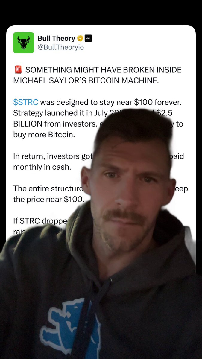 The image features a man wearing a blue hoodie with a white bear symbol, presumably from Bull Theory. He looks somewhat serious as he poses for a photo or video, while the caption on the image says "$STRC isn't broken. People's expectations are. Not financial advice but might be an easy 5% gain within 2 weeks." The post seems to discuss a strategy related to the stock market and shares some insights about investing.