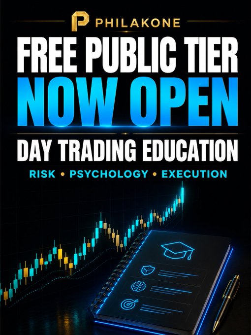 A promotional graphic for Philakone's newly opened free public Discord tier featuring day trading education, with bold text reading "FREE PUBLIC TIER NOW OPEN" and "DAY TRADING EDUCATION" alongside the focus areas "RISK • PSYCHOLOGY • EXECUTION," visually supported by a glowing candlestick chart and an illuminated notebook with a pen that symbolizes learning and market analysis.