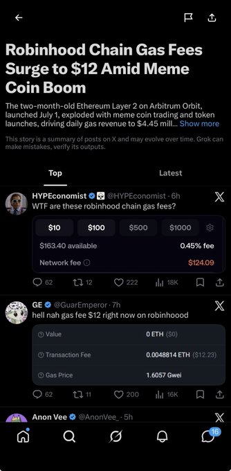 A mobile screenshot of an article titled 'Robinhood Chain Gas Fees Surge to $12 Amid Meme Coin Boom' showing tweets about high network fees.