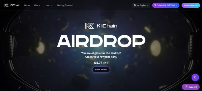 The image displays the KiiChain airdrop landing page, prominently featuring the text "AIRDROP" and stating "You are eligible for the airdrop. Claim your rewards now," with a claimed amount of "64.761 KII" and a "Claim Airdrop" button, directly corresponding to the post announcing the live $KII airdrop checker and claim.