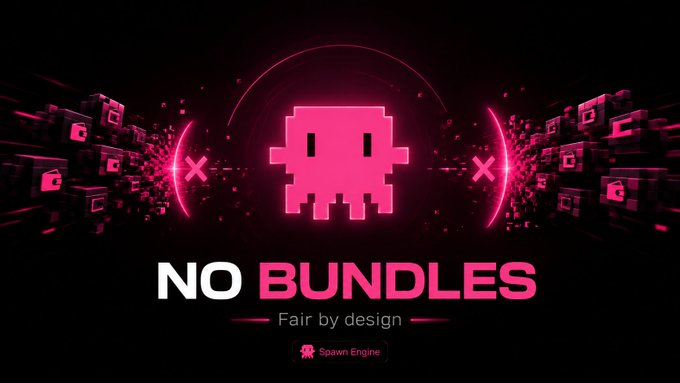 A glowing pink pixelated alien character surrounded by 3D cubes sits above the text "NO BUNDLES — Fair by design" with the Spawn Engine logo, visually reinforcing the message that the platform eliminates bundled wallet manipulation at the execution level to ensure fair token launches like $CATE.