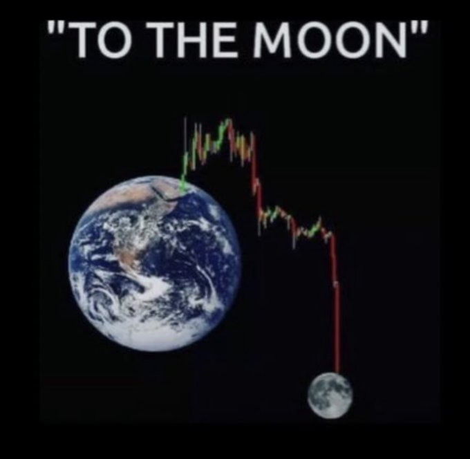 The image humorously depicts the "$XRP to the moon" phrase by showing a stock chart starting from Earth (large, vibrant planet) and dramatically crashing down to the Moon (small, gray), illustrating the opposite of the intended bullish sentiment. The text "TO THE MOON" appears at the top, mocking failed price predictions or losses despite the optimistic rallying cry.