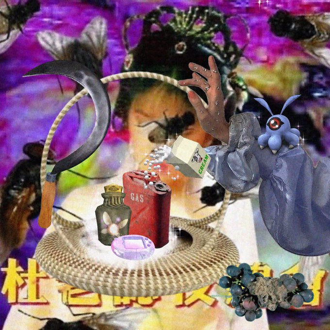 A surreal digital collage featuring a person wearing a gas mask in the background, overlaid with a sickle, a gas can, a spray bottle labeled 'GREAT', a Tamagotchi, a Pokemon-like creature, and flies.