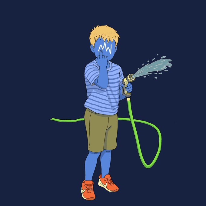 A cartoon-style illustration of a blue-skinned boy with blonde hair wearing a striped shirt and shorts, holding a green hose spraying water while covering his nose with his finger.