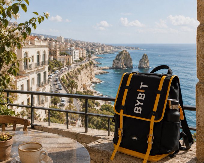 The image shows a backpack sitting on top of a stone wall, overlooking the ocean. The backpack has "BYBT" written on it, indicating that it might be related to Bitcoin or cryptocurrency. There are also other backpacks visible in the scene, suggesting that this could be a popular spot for travelers or tourists. A cup is placed next to the backpack, and there's a chair nearby as well.