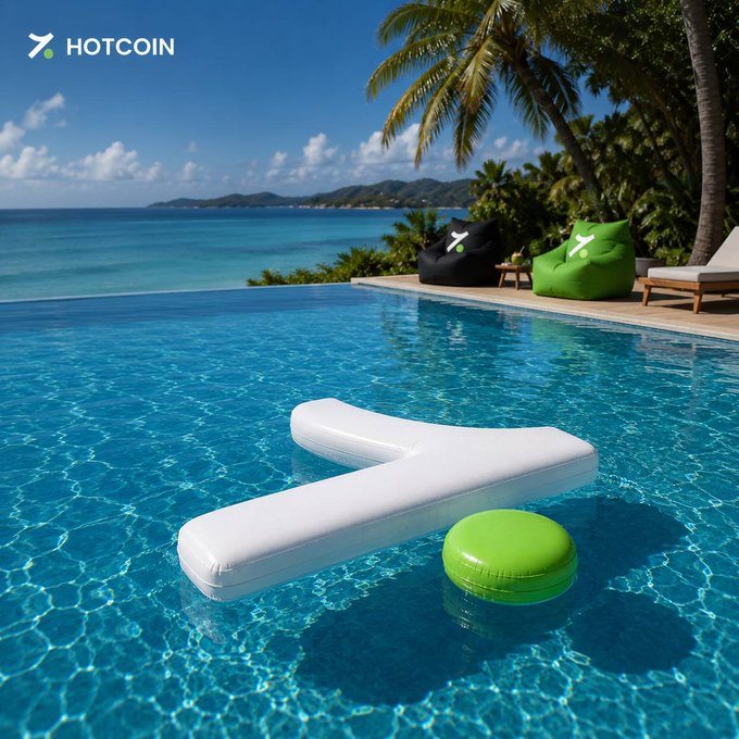 A promotional image for 'HOTCOIN' shows an infinity-shaped pool float and a green round float in a swimming pool overlooking an ocean.