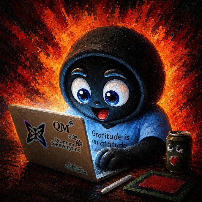 A digital painting shows a cute black character in a hoodie reading 'Gratitude is an attitude' at a laptop displaying 'QM Quantum for everyone', accompanied by a small can character with a heart.