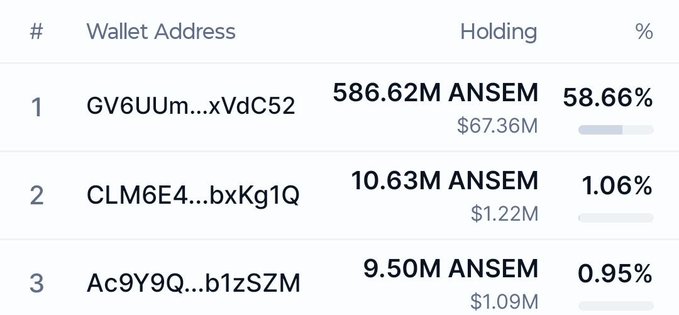 Wallet holdings table showing the top 3 holders of the ANSEM token, with the largest wallet (GV6UUM...xVdC52) holding 586.62M ANSEM ($67.36M) at 58.66%.