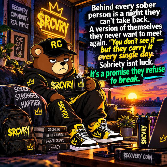 An illustrated promotional image for '$RCVRY' (Recovery Coin) featuring a bear character in branded streetwear sitting in a modern apartment, accompanied by a powerful message: 'Behind every sober person is a night they can't take back... Sobriety isn't luck. It's a promise they refuse to break.'