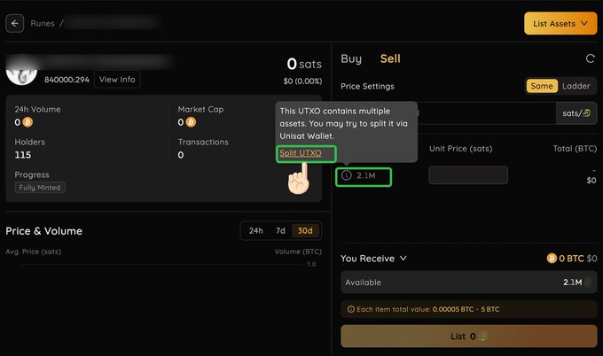 A screenshot of a cryptocurrency marketplace interface showing a 'Sell' listing for Runes assets with a tooltip instructing the user that the UTXO contains multiple assets and may need to be split via Unisat Wallet.