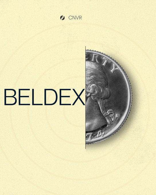 CNVR branded graphic with the text 'BELDEX' displayed next to a silver coin showing a partial profile portrait with 'LIBERTY' inscribed on it against a cream background.