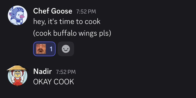 A Discord conversation shows Chef Goose saying "hey, it's time to cook (cook buffalo wings pls)" with Nadir enthusiastically replying "OKAY COOK." The casual "cooking" reference humorously ties into the post's phrase "Let's cook," signaling excitement and momentum around the Solana-based Everdraw RPG project.