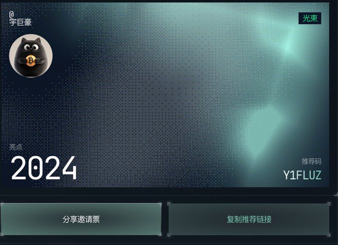 A dark teal referral page with a cartoon black cat avatar labeled "宇巨豪" displays "2024" points earned and a referral code "Y1FLUZ" for Brighter Money, matching the post's mention of earning 2024 points and using referral link Y1FL to join the early project.