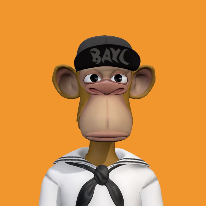 A 3D-rendered cartoon monkey character wearing a black 'BAYC' cap and a sailor-style white shirt with a black tie, set against an orange background.