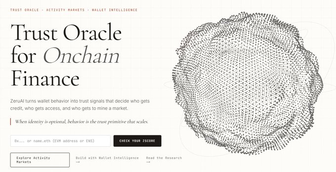 A landing page for ZeruAI promoting their "Trust Oracle for Onchain Finance" service, featuring a dotted sphere graphic and an input field to check a zScore by entering an EVM address or ENS name. The image visually supports the post's point about Zeru Finance using wallet behavior/history—rather than just balance—to assess creditworthiness in decentralized finance.