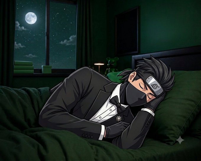 An anime-style illustration of a man in a black tuxedo and mask sleeping in a bed with green sheets, with a full moon visible through the window.